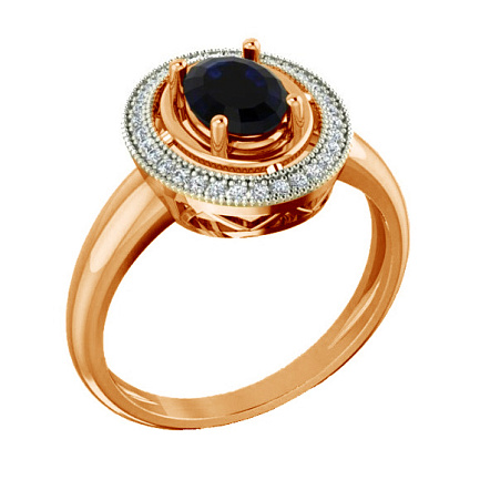 Кольцо из красного золота с бриллиантами, сапфиром