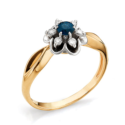 Кольцо из красного золота с бриллиантами, сапфиром