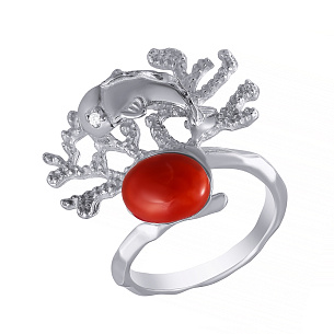 Кольцо из серебра с фианитом, кораллом