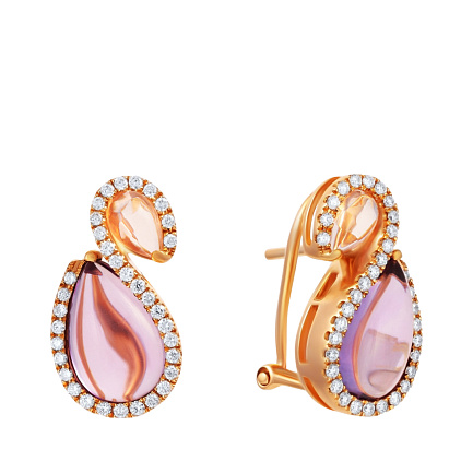 Серьги из красного золота с бриллиантами, аметистами