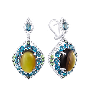 Серьги из белого золота с бриллиантами, турмалинами, цаворитами, топазами