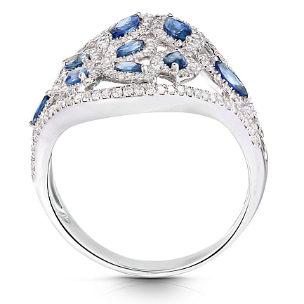 Кольцо из белого золота с бриллиантами, сапфирами