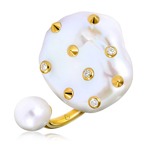 Кольцо из желтого золота с бриллиантами, жемчугом