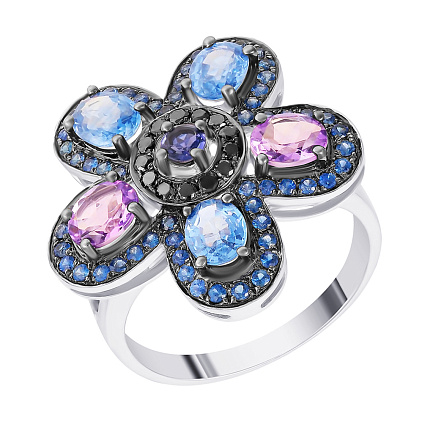 Кольцо из белого золота с аметистами, сапфирами