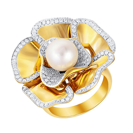 Кольцо из желтого золота с бриллиантами, жемчугом
