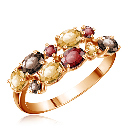 Кольцо из красного золота с гранатом, раухтопазом