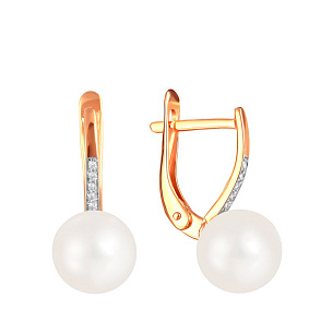Серьги из красного золота с жемчугом, фианитом