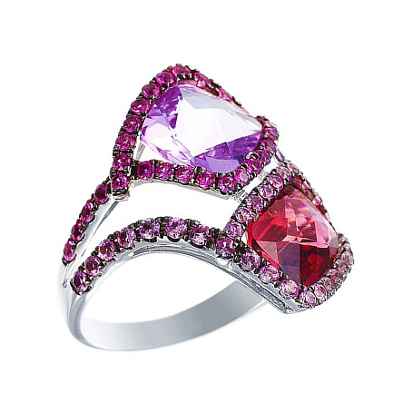 Кольцо из белого золота с аметистом, сапфирами