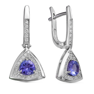 Серьги с английским замком из белого золота с танзанитами, бриллиантами