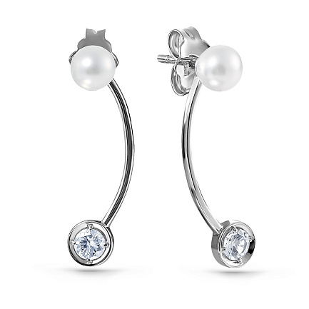 Пусеты из серебра с жемчугом, фианитами