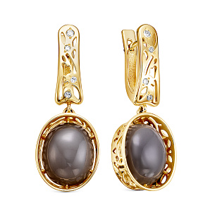 Серьги с английским замком из желтого золота с лунным камнем