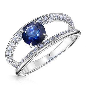 Кольцо из белого золота с бриллиантами, сапфиром
