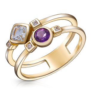 Кольцо из желтого золота с аметистами и бриллиантами