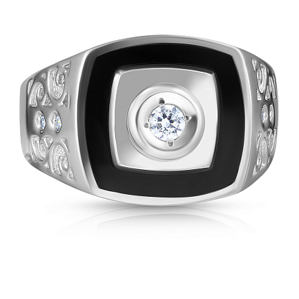 Печатка из белого золота с ониксом, фианитом