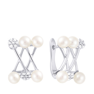 Серьги с английским замком из белого золота с бриллиантами, жемчугами