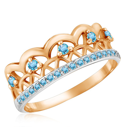 Кольцо-корона из красного золота с голубыми фианитами