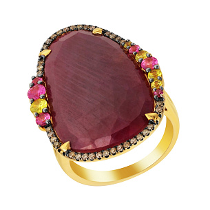 Кольцо из желтого золота с бриллиантами, сапфирами, корундом