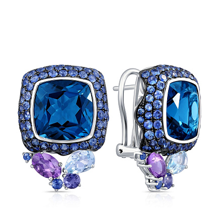 Серьги из белого золота с аметистами, сапфирами