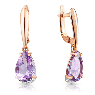 Серьги с английским замком из красного золота с аметистом и фианитом