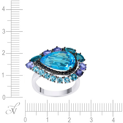 Кольцо из белого золота с бриллиантами, сапфирами