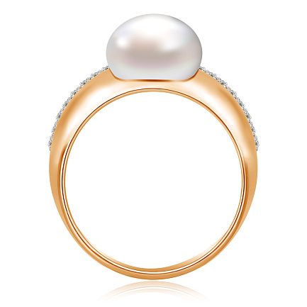 Кольцо из красного золота с жемчугом, фианитом