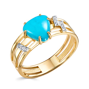 Кольцо из желтого золота с бриллиантами, бирюзой