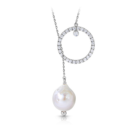 Колье из белого золота с бриллиантами, жемчугом, плетение якорное