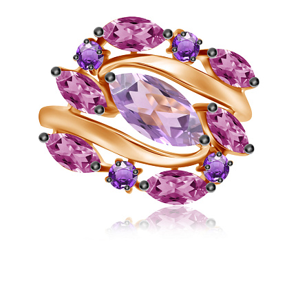 Кольцо из красного золота с аметистом, родолитом