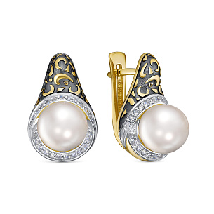 Серьги с английским замком из желтого золота с жемчугом