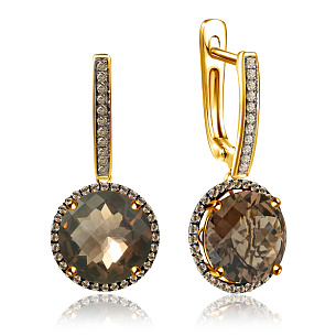 Серьги с английским замком из желтого золота с кварцами и бриллиантами