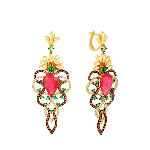 Серьги с английским замком из желтого золота с сапфирами, цаворитами, рубинами