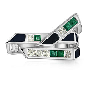 Кольцо из белого золота с изумрудами, эмалью, бриллиантами