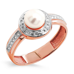 Кольцо из красного золота с бриллиантами, жемчугом