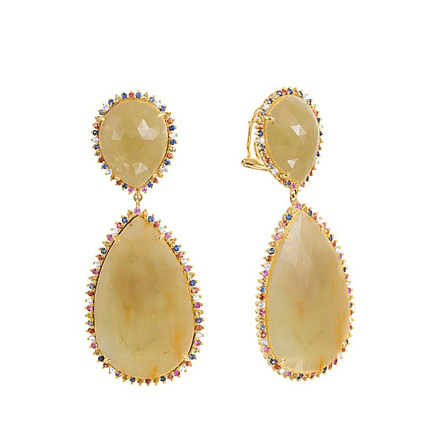 Серьги из желтого золота с корундами, сапфирами