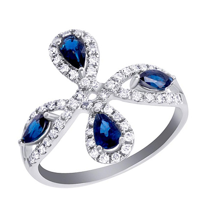 Кольцо из белого золота с бриллиантами, сапфирами