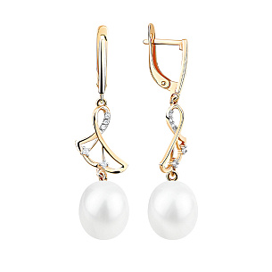 Серьги с английским замком из красного золота с жемчугом и фианитом