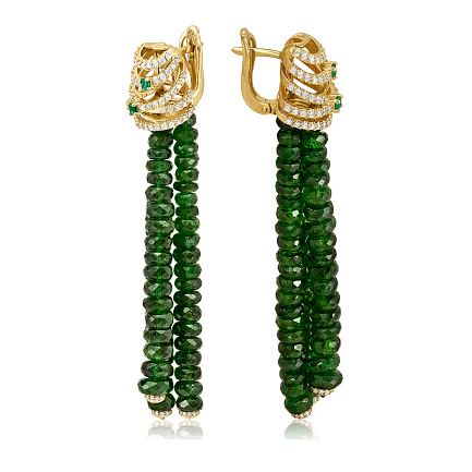 Серьги из желтого золота с бриллиантами, изумрудами