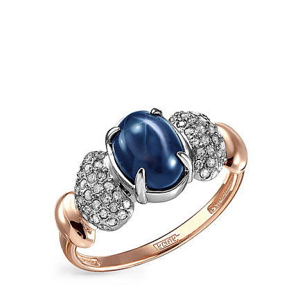 Кольцо из красного золота с бриллиантами, сапфиром