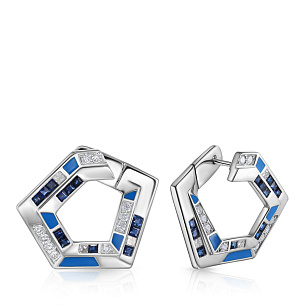 Серьги с английским замком из белого золота с бриллиантами, сапфирами, эмалью