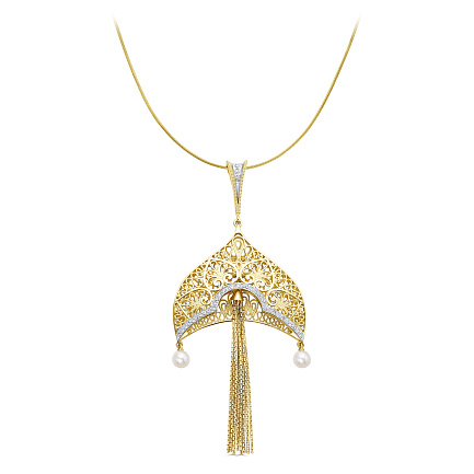 Колье из желтого золота с бриллиантами, жемчугом