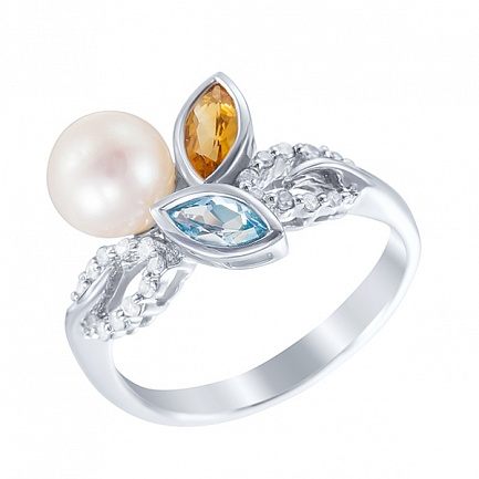 Кольцо из белого золота с бриллиантами, жемчугом