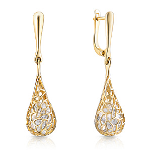 Серьги с английским замком из желтого золота с фианитом