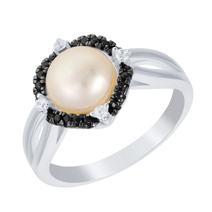 Кольцо из серебра с жемчугом, фианитом