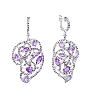 Серьги с английским замком из белого золота с бриллиантами, аметистами, сапфирами