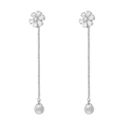 Пусеты из серебра с жемчугом, фианитом