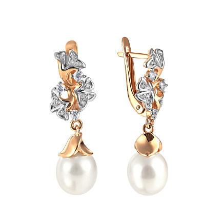 Серьги из красного золота с жемчугом, фианитом