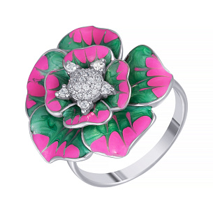 Кольцо из серебра с фианитом, эмалью