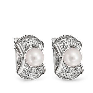 Серьги с английским замком из серебра с фианитами, жемчугами