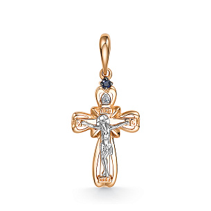 Крест из красного золота с бриллиантом, сапфиром