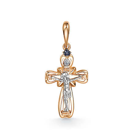 Крест из красного золота с бриллиантом, сапфиром
